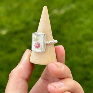 Silver Floral Ring with Pink and Green Accents